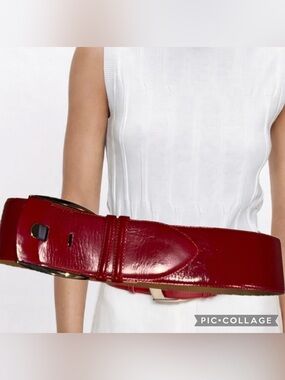 Veronika Maine Red Wide Patent Leather Belt with Gold-Tone Buckle